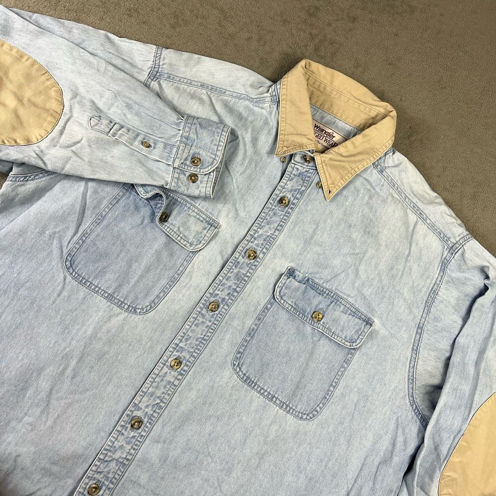 VTG Wrangler Rugged XL Wear Blue Denim Long Sleeve Button Shirt Elbow Pad Mens